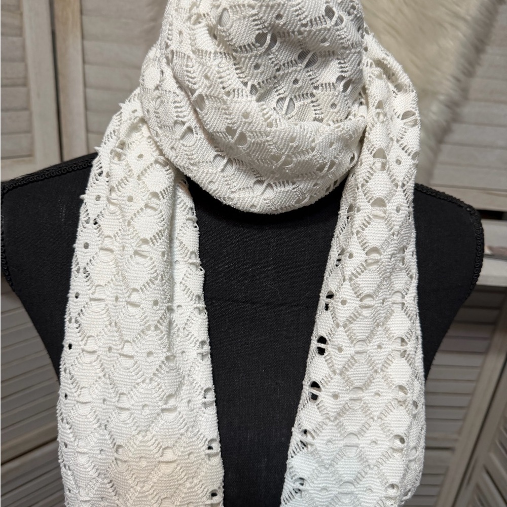 Elegant White Eyelet Crochet Lace Infinity Scarf - Picture 6 of 15
